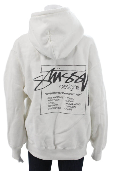 Stussy Unisex Adults Pullover Hoodie White Cotton Drawstring Long Sleeve Size M