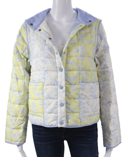 Yllw Women Quilted Floral Multicolor Polyester Button Long Sleeve Jacket Size M