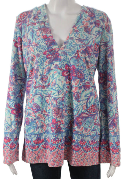 Lilly Pulitzer Women Tunic T-Shirt Multicolor Floral V-Neck Long Sleeve Size M