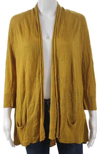 Angel Of The North Women Linen Yellow Solid Cardigan 3/4 Sleeve Size M