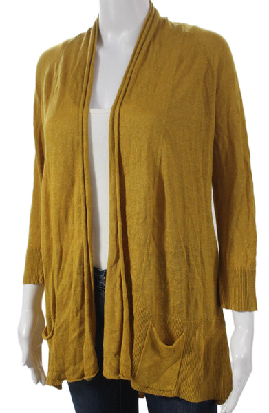 Angel Of The North Women Linen Yellow Solid Cardigan 3/4 Sleeve Size M