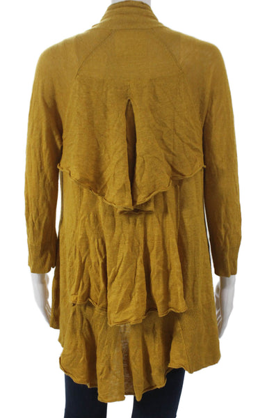 Angel Of The North Women Linen Yellow Solid Cardigan 3/4 Sleeve Size M