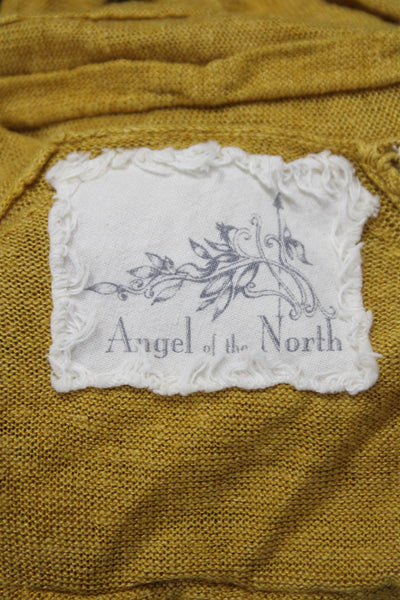 Angel Of The North Women Linen Yellow Solid Cardigan 3/4 Sleeve Size M