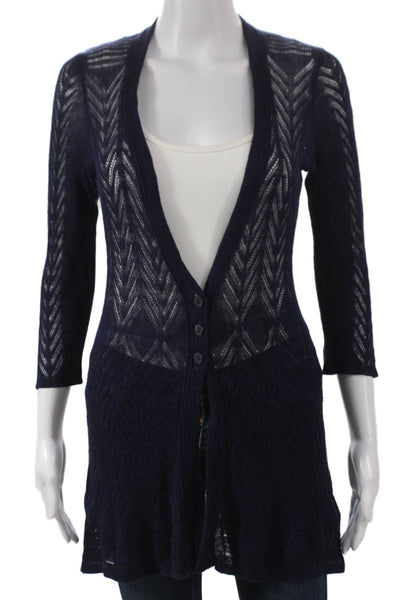 Guinevere Anthropologie Womens Cardigan Blue Linen V Neck 3/4 Sleeve Size S