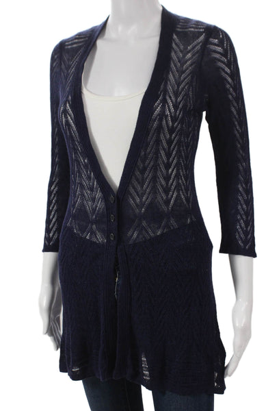 Guinevere Anthropologie Womens Cardigan Blue Linen V Neck 3/4 Sleeve Size S