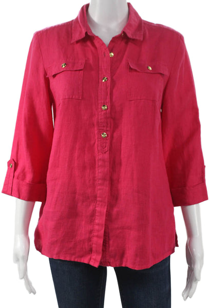 JM Collection Womens Pink Linen Collared Basic Button-Up 3/4 Sleeve Size 6P