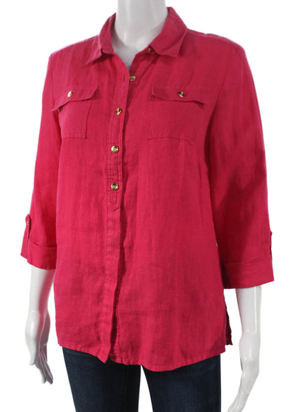 JM Collection Womens Pink Linen Collared Basic Button-Up 3/4 Sleeve Size 6P