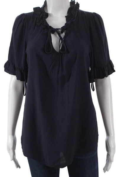 Odille Anthropologie Women Tunic High Neck Short Sleeve Blue Tie Size 10