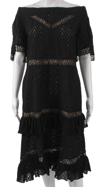 Prabal Gurung Women Fit Flare Black Off Shoulder Midi Dress Short Sleeve Size 2