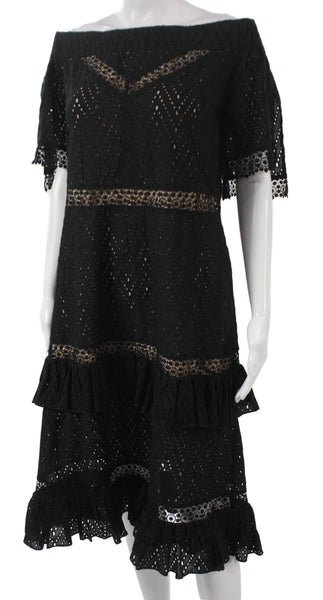 Prabal Gurung Women Fit Flare Black Off Shoulder Midi Dress Short Sleeve Size 2
