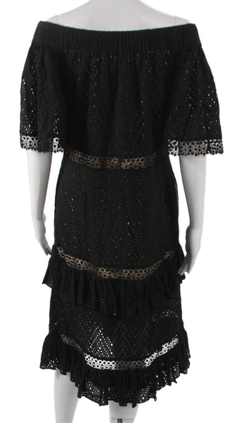 Prabal Gurung Women Fit Flare Black Off Shoulder Midi Dress Short Sleeve Size 2