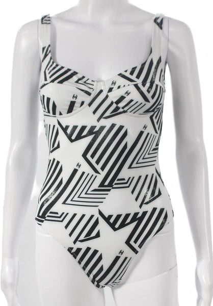 Chanel Women White Geometric Polyester Swimwear One Piece Size 36