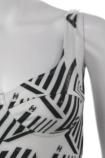 Chanel Women White Geometric Polyester Swimwear One Piece Size 36