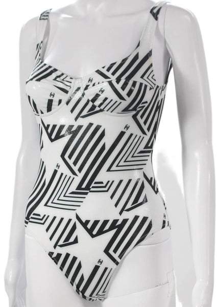 Chanel Women White Geometric Polyester Swimwear One Piece Size 36