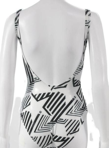 Chanel Women White Geometric Polyester Swimwear One Piece Size 36