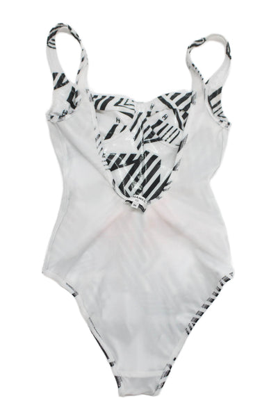 Chanel Women White Geometric Polyester Swimwear One Piece Size 36