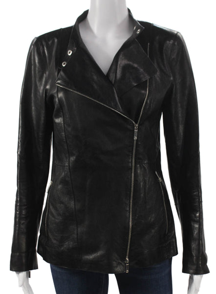 Lafayette 148 New York Womens Biker Leather Jacket Black Zip Long Sleeve Size 4