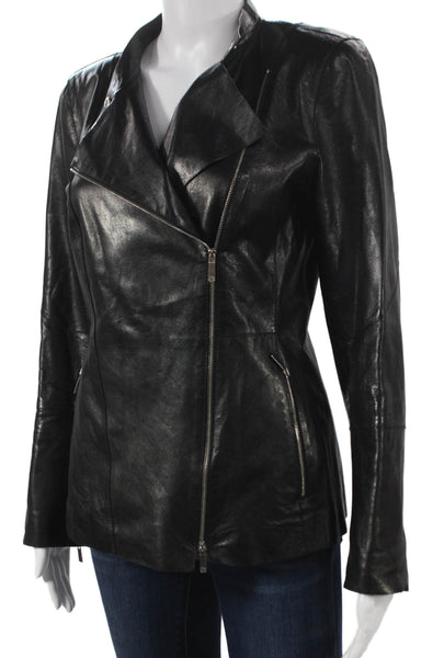 Lafayette 148 New York Womens Biker Leather Jacket Black Zip Long Sleeve Size 4