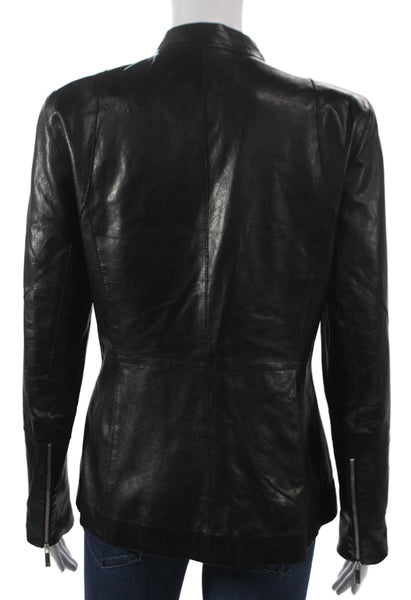 Lafayette 148 New York Womens Biker Leather Jacket Black Zip Long Sleeve Size 4