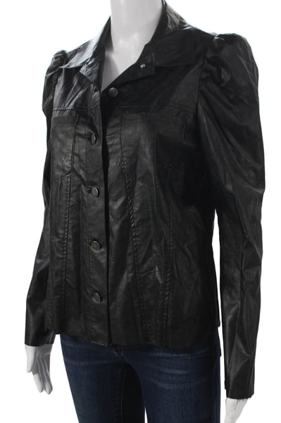Drew Womens Basic Jacket Black Vegan Leather Collared Button 3/4 Sleeve Size S