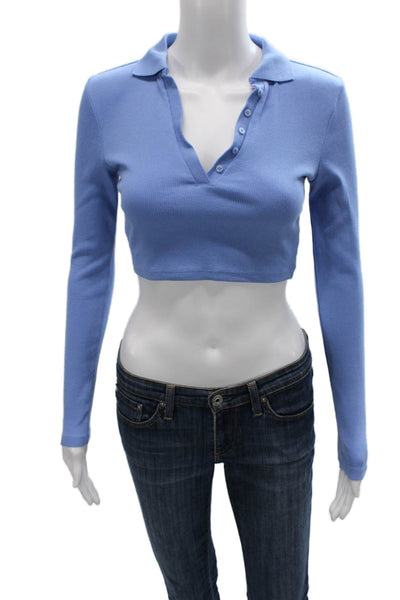 Zara Women Cropped Polo Collared Button Long Sleeve Blue Cotton Blend Size S