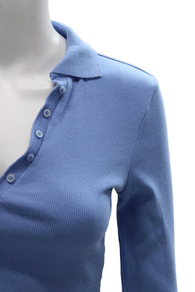 Zara Women Cropped Polo Collared Button Long Sleeve Blue Cotton Blend Size S