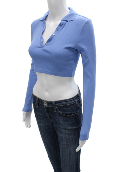 Zara Women Cropped Polo Collared Button Long Sleeve Blue Cotton Blend Size S