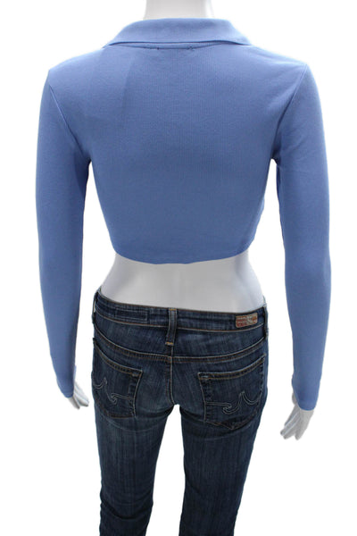 Zara Women Cropped Polo Collared Button Long Sleeve Blue Cotton Blend Size S
