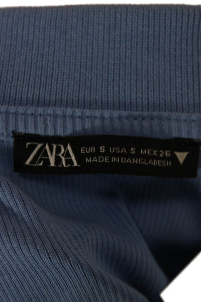 Zara Women Cropped Polo Collared Button Long Sleeve Blue Cotton Blend Size S