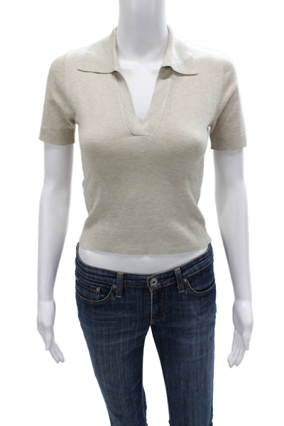 MNG Women Basic Polo Collared Short Sleeve Beige Viscose Top Size 2XS