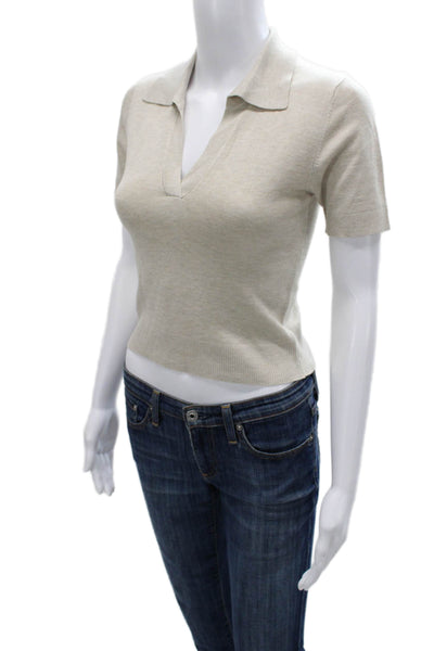 MNG Women Basic Polo Collared Short Sleeve Beige Viscose Top Size 2XS
