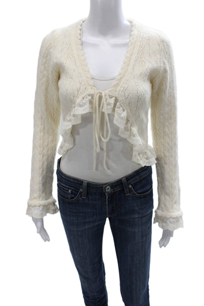 MNG Women Shrug Sweater Ivory V Neck Long Sleeve Geometric Acrylic Size XS
