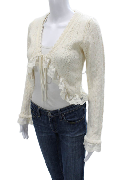 MNG Women Shrug Sweater Ivory V Neck Long Sleeve Geometric Acrylic Size XS