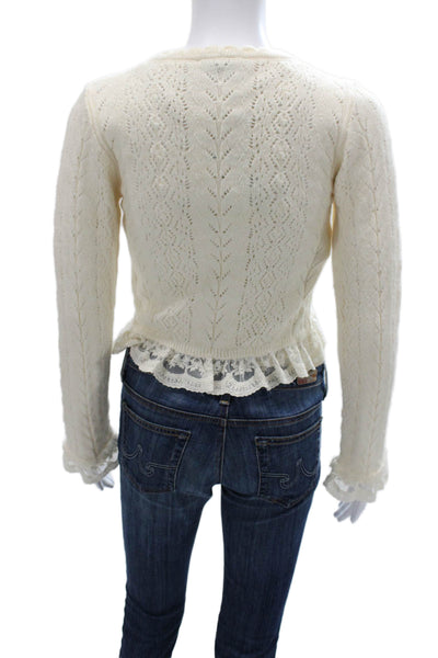 MNG Women Shrug Sweater Ivory V Neck Long Sleeve Geometric Acrylic Size XS