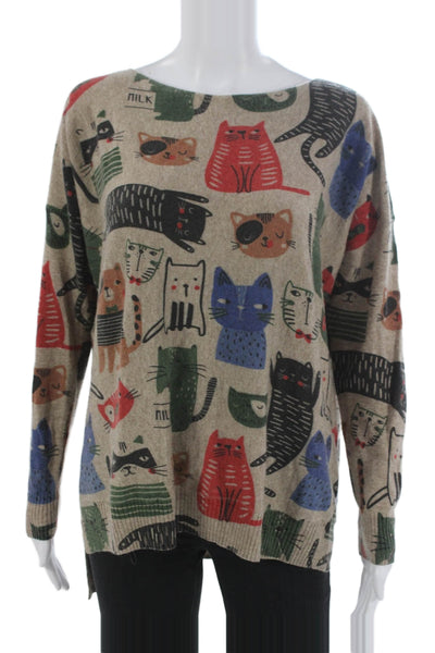 Shana Womens Pullover Boat Neck Acrylic Cat Print Long Sleeve Size M