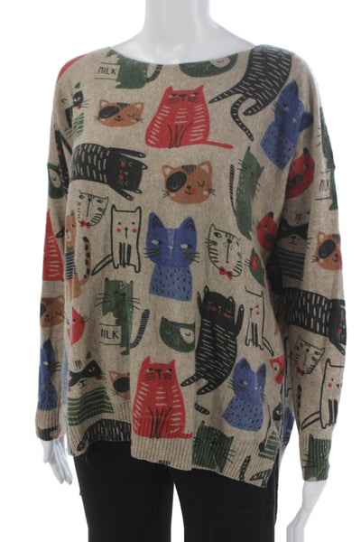 Shana Womens Pullover Boat Neck Acrylic Cat Print Long Sleeve Size M