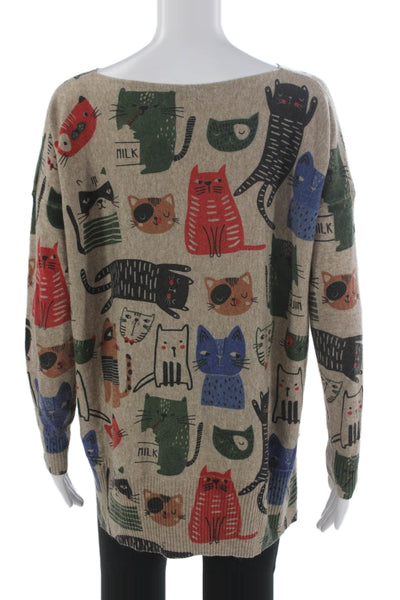 Shana Womens Pullover Boat Neck Acrylic Cat Print Long Sleeve Size M