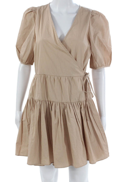 J Crew Womens Wrap Dress Beige Cotton V-Neck Short Sleeve Size S