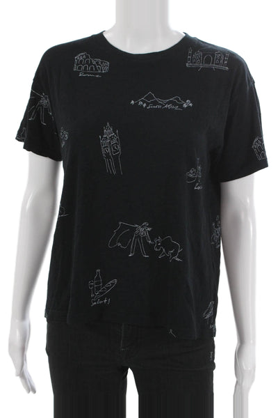 J Crew Womens Black Graphic Crew Neck Cotton T Shirt Short Sleeve Size S