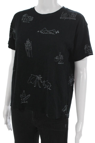 J Crew Womens Black Graphic Crew Neck Cotton T Shirt Short Sleeve Size S