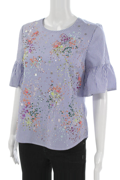 J Crew Womens Blue Striped Cotton Crew Neck 3/4 Sleeve Basic Blouse Size 0