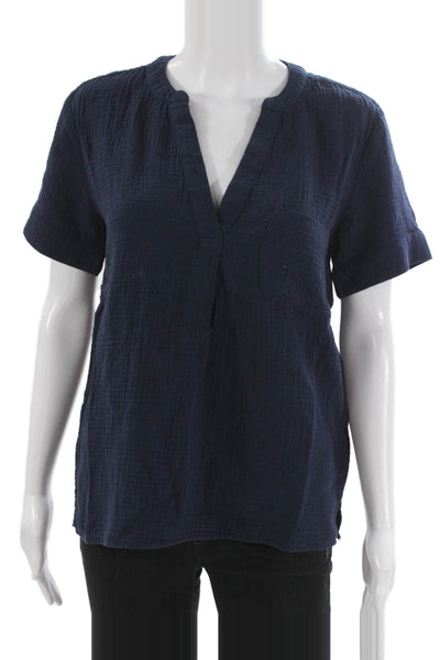 J Crew Womens V-Neck Short Sleeve Tunic Blouse Blue Cotton Size XS