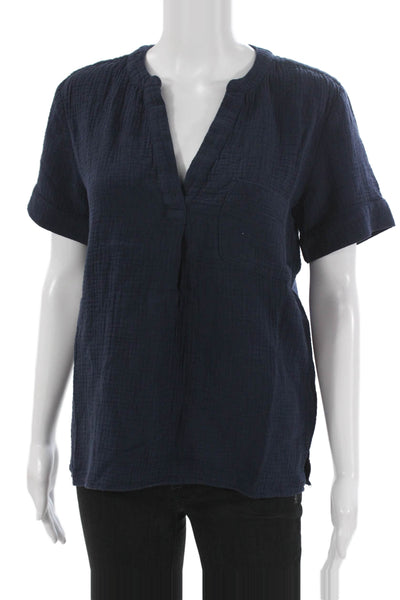 J Crew Womens V-Neck Short Sleeve Tunic Blouse Blue Cotton Size XS