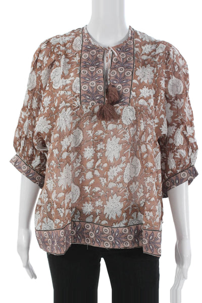 Marea Women Tunic Brown Floral Cotton 3/4 Sleeve Round Neck Tie Size S