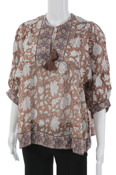 Marea Women Tunic Brown Floral Cotton 3/4 Sleeve Round Neck Tie Size S