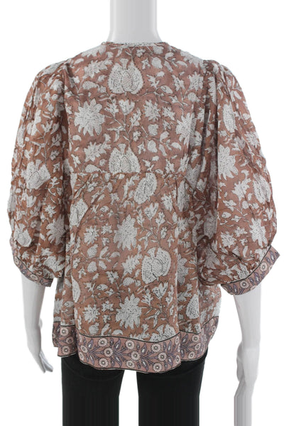 Marea Women Tunic Brown Floral Cotton 3/4 Sleeve Round Neck Tie Size S
