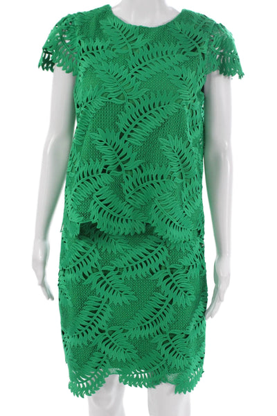 Milly Womens Floral Green Polyester Short Sleeve Round Neck Set Zip Size S