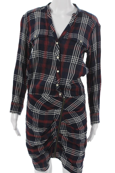 Veronica Beard Women Shirt Dress Blue Plaid V-Neck Long Sleeve Viscose Size 4