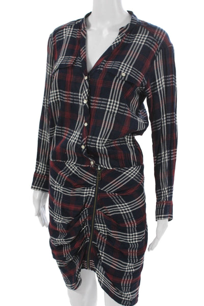 Veronica Beard Women Shirt Dress Blue Plaid V-Neck Long Sleeve Viscose Size 4