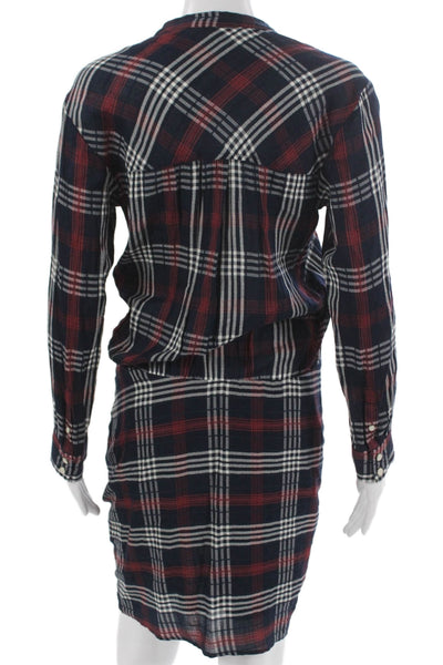 Veronica Beard Women Shirt Dress Blue Plaid V-Neck Long Sleeve Viscose Size 4